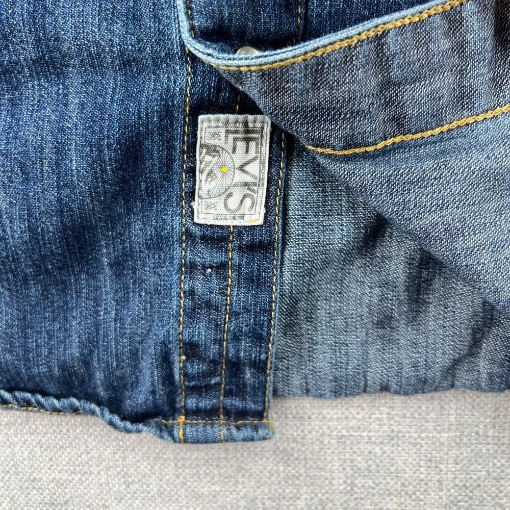 Levis Denim Western Pearl Snap Shirt Mens Large Medium Wash Distressed Sawtooth